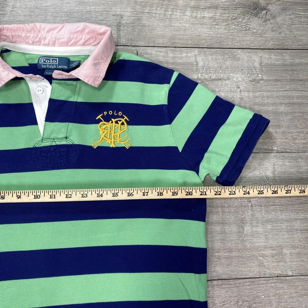 Polo Ralph Lauren Polo Shirt Mens Large Green Navy Striped Custom Fit Rugby Logo - Picture 4 of 16